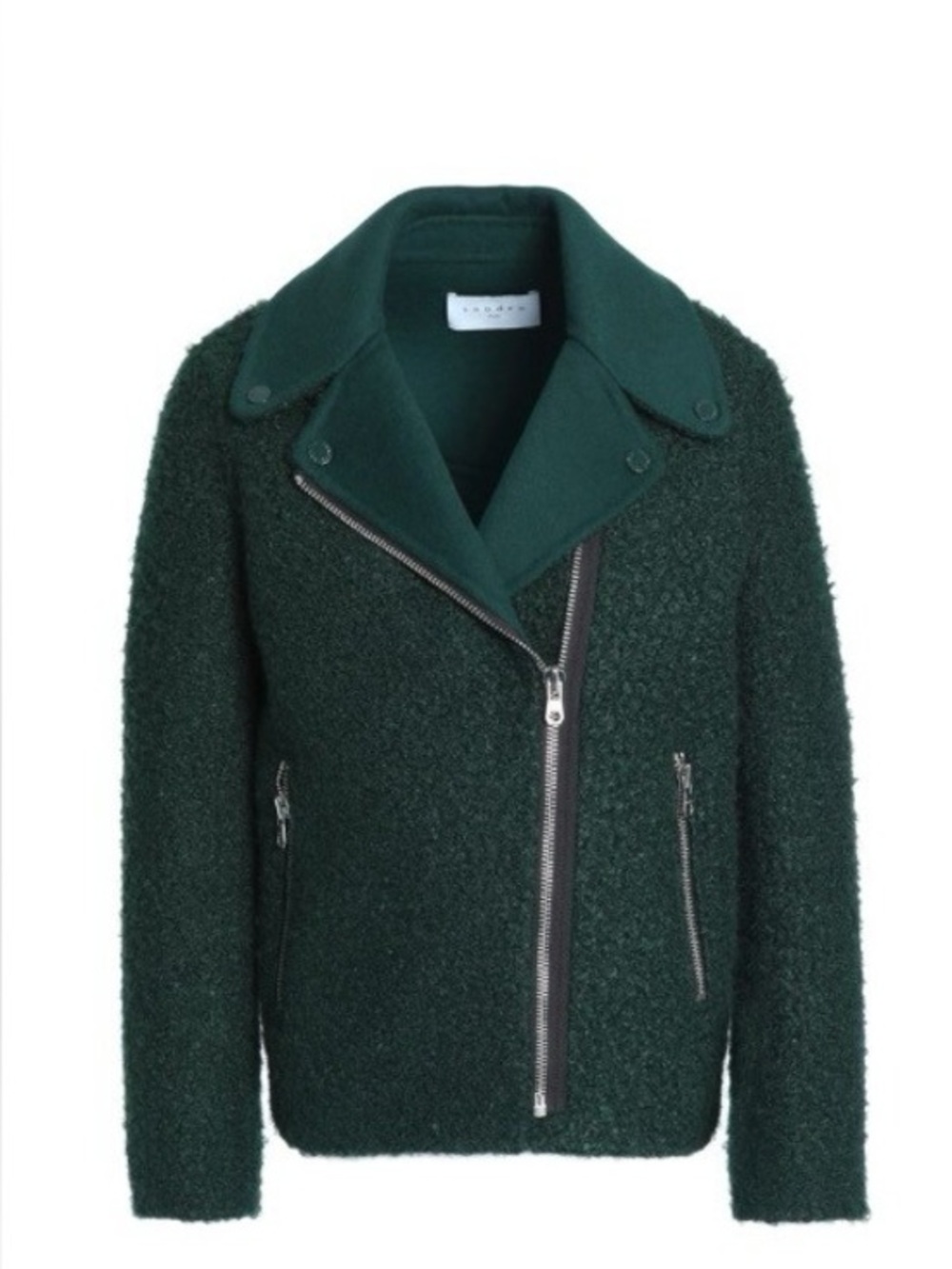 **SANDRO** Dark Green Bouclé Biker Jacket Size 8
